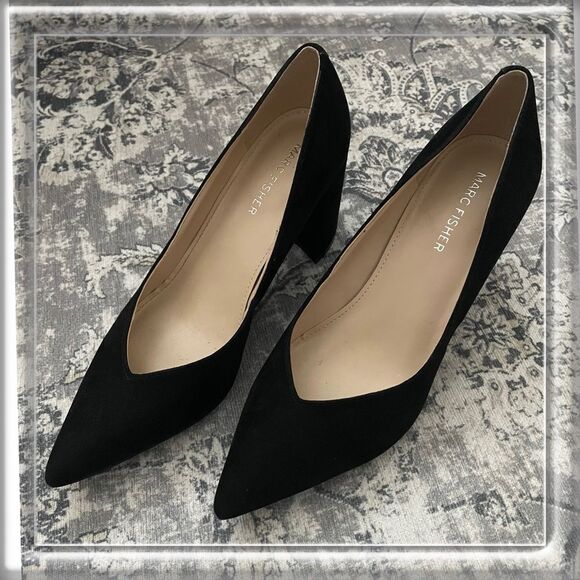 Marc Fisher Caitlin Black Suede Block Heel Shoes Pointy Toe Size 7 - Picture 1 of 11